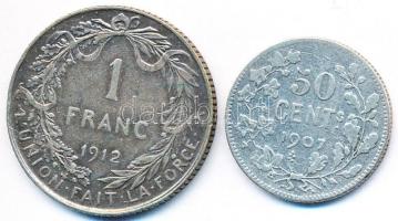 Belgium 1907. 50c Ag "II. Lipót" + 1912. 1Fr "Albert" T:3,2- Belgium 1907. 50 Cents Ag "Leopold II" + 1912. 1 Franc "Albert" C:F,VF