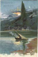 Lago di Como, boat litho, artist signed