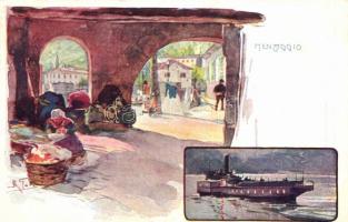 Menaggio, market place, steamship, artist signed (EK)