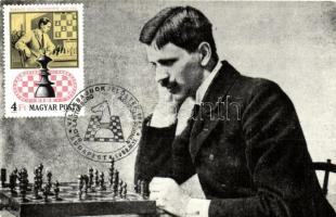 Maróczy Géza sakkmester Monte Carloban 1904-ben; Képzőművészeti Alap Kiadóvállalat, modern emléklap / Hungarian chess master 'Világbajnokjelöltek 1980' So. Stpl MC