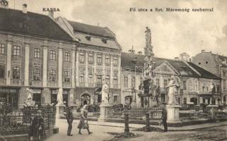 Kassa, Fő utca, Szentháromság szobor, Dubez Imre és Zsatkovits üzlete / main street, statue, shops (ázott sarok / wet corner)