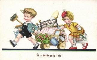 Moving children, couple, humour, Amag 0445.