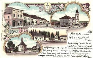 Szepesbéla, Fő utca, Borovicska raktár, Evangélikus templom, Sörház tér, Brauhaus / Main street, warhouse, church, beer house, square, Art Nouveau, floral, litho