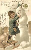 New Year, child with snowman, pig, sleigh litho (EK)