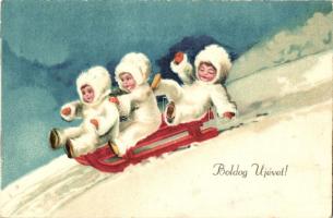 New Year, Sleighing children litho