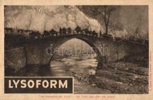 WWI military card, Lysoform advertisement on the backside, Trén átvonulása egy hídon, a Képes Újság felvételei; hátoldalán Lysoform reklám