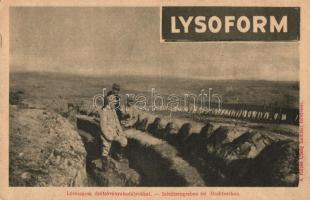 Lövészárok drótsövényakadályokkal, a Képes Újság felvételei; hátoldalán Lysoform reklám, WWI military card, trench, Lysoform advertisement on the backside