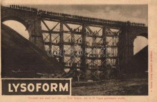 WWI military card, bridge construction, Lysoform advertisement on the backside, Tizenkét nap alatt vert híd, a Képes Újság felvételei; hátoldalán Lysoform reklám