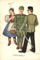 Vidéki Rokon / Hungarian military card, couple, folklore, humour (EK)