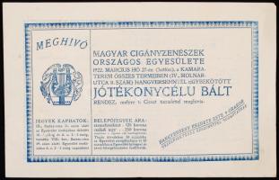 1922 Bp., Meghívó a Magyar Cigányzenészek Országos Egyesületének jótékony célú báljára