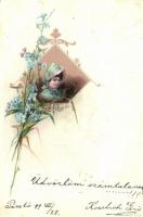 1899 Baby girl, floral Art Nouveau litho