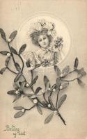 New Year, Lady with clovers and mistletoes, V. K. Vienne 5078.