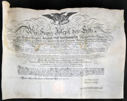 Ausztria/Bécs 1912. "A Lipót-rend Lovagkeresztje" kitüntetés adományozó oklevele Franz Marenzi, Tagliuno és Talgate grófja részére, szárazpecséttel, Ferenc József sajátkezű aláírásával T:többször hajtott, átázás nyomai Austria/Vienna 1912. Awarding document of the "Order of Leopold Knight's Cross" decoration for Franz Graf Marenzi von Tagliuno und Talgate, with embossed stamp and autograph signature of Franz Joseph C:folded, wet damage