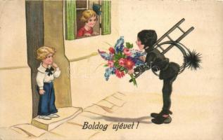 New Year, chimney sweeper with children litho (EK)