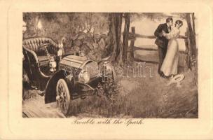 Trouble with the Spark / Romantic couple, humour, automobile, Pictorial Comedy postcard No. 85. s: Balfour (EK)