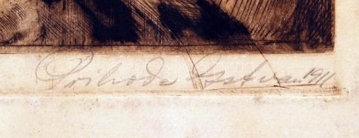 Prihoda István (1891-1965): Az előadás. Rézkarc, papír, jelzett, foltos, 24×22 cm