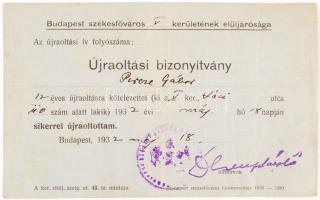 1932 Névre szóló újraoltási bizonyítvány, hátoldalán borbély-fodrász alkalmassági igazolással 1934-ből