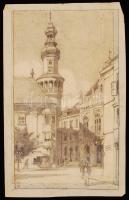 Páris Erzsébet, (1887-?): Sopron tűztorony 1916. Ceruza, dupla papíron, jelzett, 24×14,5 cm