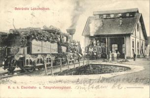 Korneuburg, K.u.K. Eisenbahn- und Telegrafenregiment, Bekränzte Lokomotiven / railway statiton, garlanded locomotive, K.u.K. Railway and Telegraph Regiment (Rb)