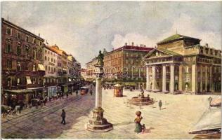 Trieste, Piazza della Borsa / square, tram, B.K.W.I. Serie 287-11. (EK)