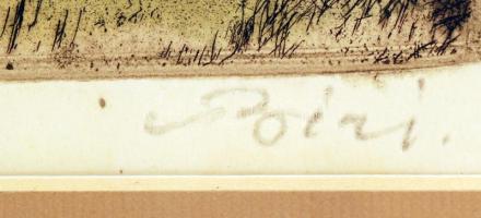 Biai Föglein István (1905-1974): Ház a folyó partján. Színezett rézkarc, papír, jelzett, üvegezett k...