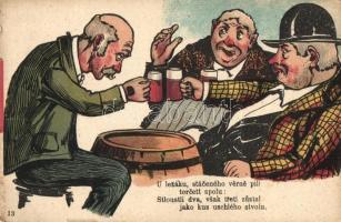Humorous graphic card, beer drinking men litho, Sör ivó férfiak, humor, litho
