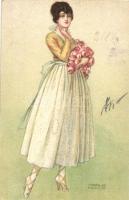 Olasz művészi képeslap, Hölgy virágokkal. s: Carlo Nicco, Italian art postcard, Lady with flowers s: Carlo Nicco