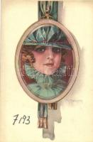 Italian art postcard, Lady with hat in frame s: G. Malugany (EK)