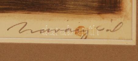 Udvary Pál (1900-1987): Pihenő. Színezett rézkarc, papír, jelzett, üvegezett keretben, 19×26 cm