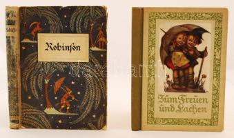 Defoe, Daniel: Robinson Crusoe. Seine Lebensschicksale, Erfahrungen und Abenteuer. Leipzig, é. n., Abel&Müller Verlag. Gazdagon díszített, kopott félvászon kötésben, egyébként jó állapotban. + Zum Freuen und Lachen. Ein luftiges Kinderbuch mit vielen Bildern. München, 1938, Verlag Josef Müller. Képekkel, illusztrációkkal gazdagon díszítve. Díszes félvászon kötésben, jó állapotban.