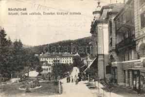 Bártfafürdő, Sétatér, Szegő Sándor kereskedése, Deák szálloda, Erzsébet királyné szálloda; Neumann Viktor kiadása / promenade with hotels and shops (r)