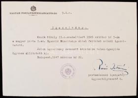 1947 a Magyar Posta Igazoló Bizottsága által telekigénylés kapcsán kiállított igazolás