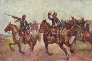 Rohamra! Honvédelmi Minisztérium Hadsegélyező Hivatala által kiadott képeslap / WWI Hungarian hussars, Attack s: Bélaváry