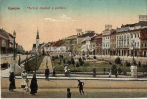 Eperjes, Főutca, park; kiadja Groszmann Ernő Pallas könyvüzlete / main street