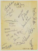 1969 A budapesti öttusa-világbajnokság résztvevőinek aláírásai, többek között az ekkor aranyérmet szerzett Balczó András (1938- ) olimpiai bajnok aláírása, iskolai emléklapon