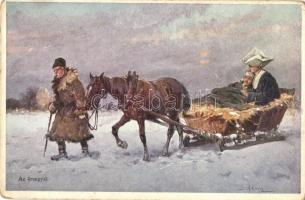 Az őrangyal / Horse carriage, injured man with nurse, artist signed (EK)