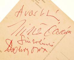 Avar István, Szirtes Ádám, Sinkó László és Ruttkay Ottó aláírása egy képeslapon