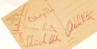 Tamási Eszter, Máté Péter, dévényi Tibor, Malmi Gábor és Schöck Ottó aláírása egy képeslapon