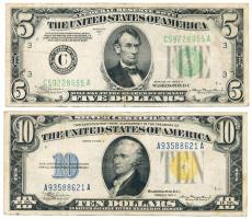 Amerikai Egyesült Államok 1934A 5$ zöld pecsét + 1934D 10$ sárga pecsét T:III USA 1934A 5 Dollar grean seal + 1934D 10 Dollar yellow seal C:F