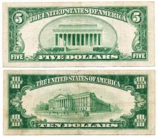 Amerikai Egyesült Államok 1934A 5$ zöld pecsét + 1934D 10$ sárga pecsét T:III
USA 1934A 5 Dollar gre...
