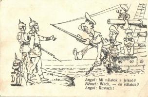 WWI military humorous card, Germand soldiers and English navy (EK)