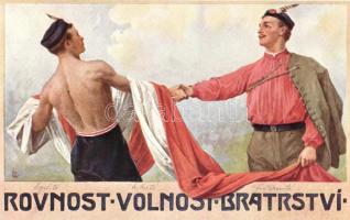 Rovnost - Volnost - Bratrství / Equality, Liberty, Fraternity; Czechoslovakian Sokol postcard, patriotic propaganda s: Venceslav Cerny