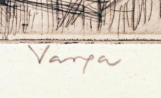 Varga Nándor Lajos (1895-1978): Gépsor mellett. Rézkarc, papír. Jelzett. 19×29 cm