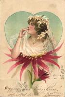 Flower lady, litho art postcard