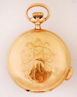 Brevets arany (Au.) 14k zsebóra, kalendáriumos porcelán sérült számlap, negyedütős, több helyen jelz...