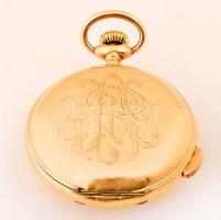 Brevets arany (Au.) 14k zsebóra, kalendáriumos porcelán sérült számlap, negyedütős, több helyen jelz...