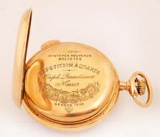 Brevets arany (Au.) 14k zsebóra, kalendáriumos porcelán sérült számlap, negyedütős, több helyen jelz...