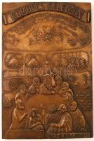 Samu Géza (1947-1990): Kőműves Kelemen, falra akasztható kisplasztika, Arany János Kőmíves Kelemen c. versének első négy sorával és a ballada jeleneteivel, Déva várának alaprajzával, stb., bronz, jelzett, 32×21,5 cm