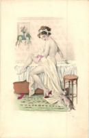 Erotic art postcard, lady in the bathtub, cat, H & L Nr. 1681. (EK)