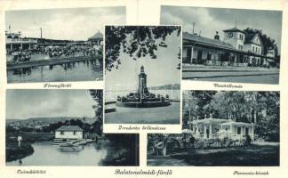 Balatonalmádi fürdő, Fövenyfürdő, Csónakkikötő, Pannonia kioszk, irredenta örökmécses, vasútállomás (EK)